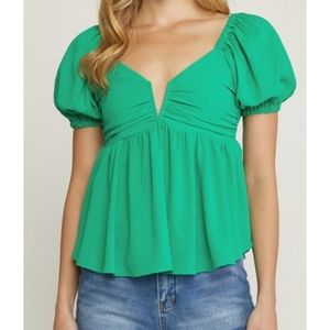 Emerald Green V-line puff shoulder